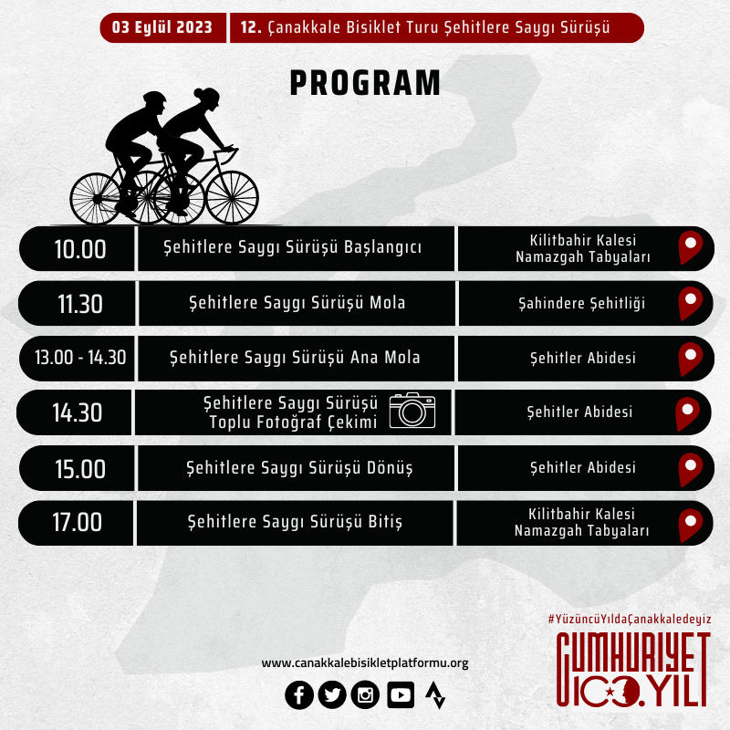 Sürüş Programı | 12. Çanakkale Bisiklet Turu Şehitlere Saygı Sürüşü | 3 Eylül 2023